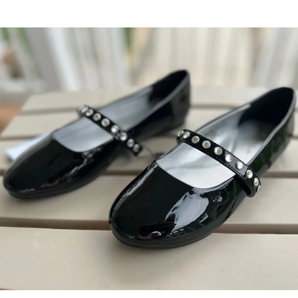 Cat & Jack Brooke Girls Black Patent Rhinestone Mary Jane Flats Size‎ 2 NEW